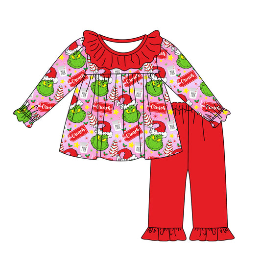 Preorder GLP2052 Christmas green face cake hot pink long sleeve red pants girls set