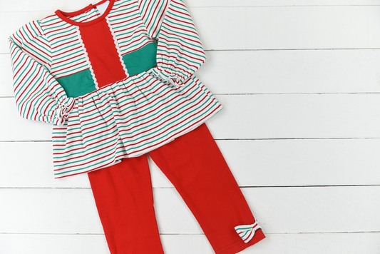 Preorder GLP2055 Christmas green red striped long sleeve red pants girls set