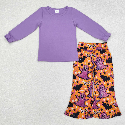 GLP2056 Halloween purple long sleeve spooky hat orange pants girls set