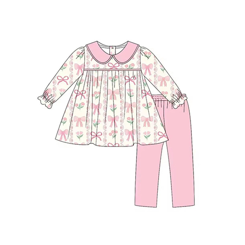 Preorder GLP2065 pink bows flowers long sleeve pink pants girls set