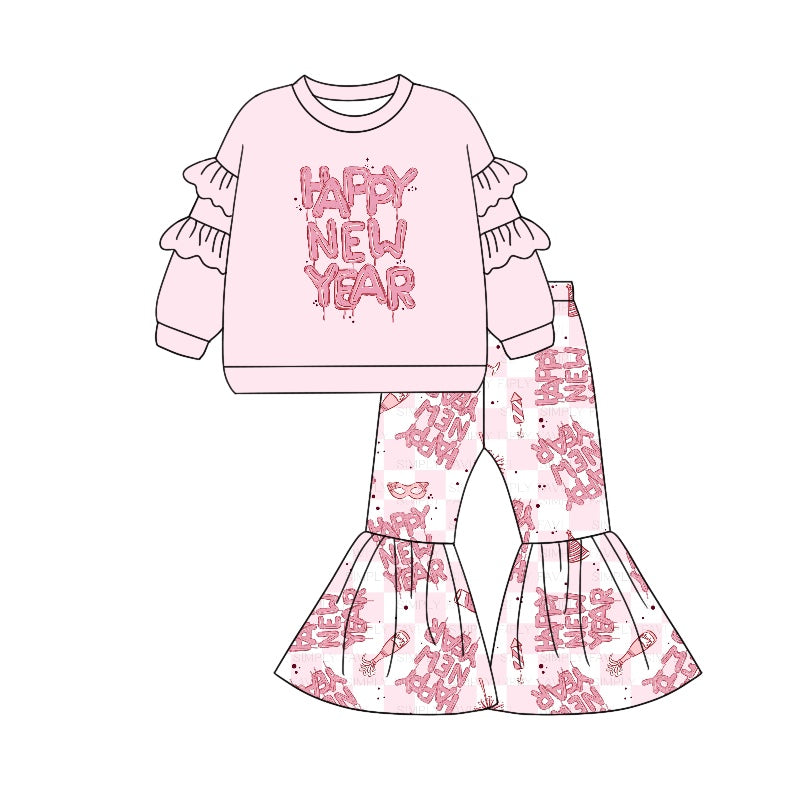 Preorder GLP2067 happy new year ruffles pink long sleeve pink pants girls set