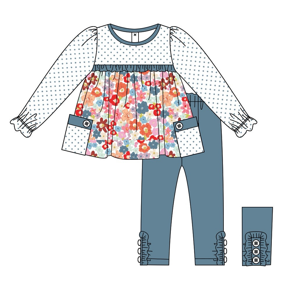 Preorder GLP2071 cute colorful flowers pockets dot long sleeve navy blue pants girls set