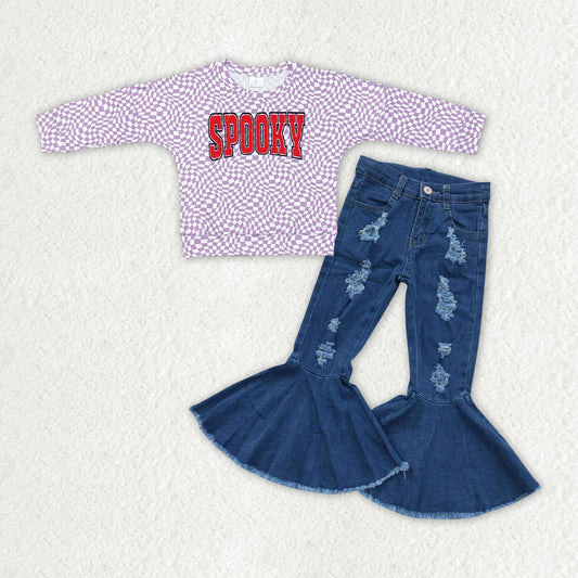 GLP2078 Halloween spooky purple checkered long sleeve blue jeans girls set