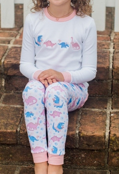 Preorder GLP2086 heart cute cartoon dinosaur long sleeve pants girls pink pajamas