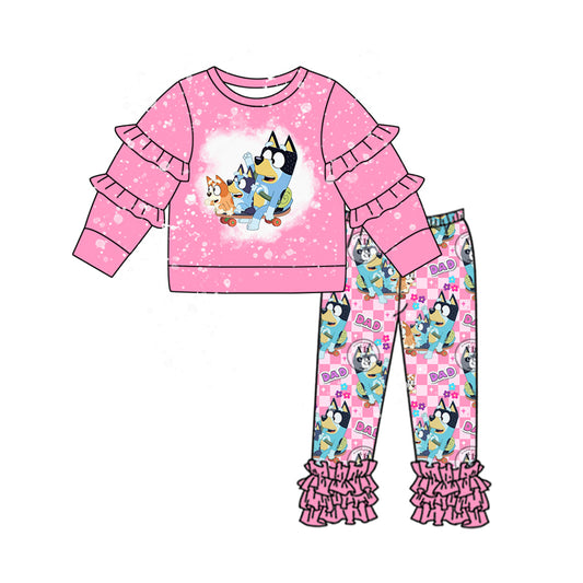 Preorder GLP2088 DAD cartoon blue dog hot pink long sleeve checkered pants girls set