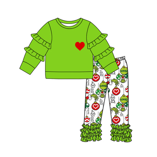 Preorder GLP2089 Christmas green face heart long sleeve ruffles pants girls set