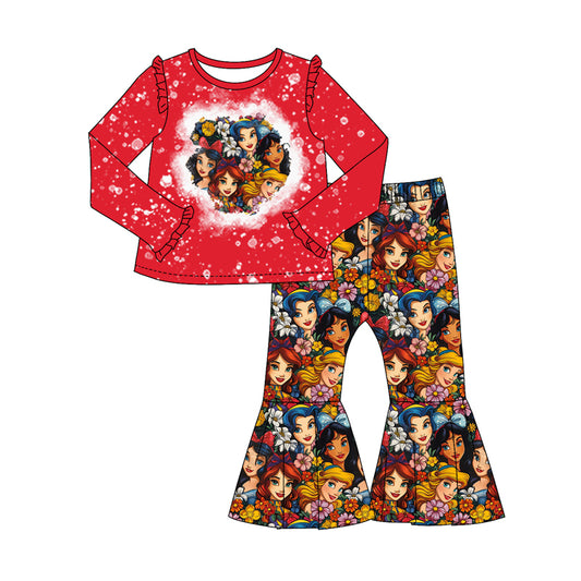 Preorder GLP2102 cartoon princess flowers red long sleeve pants girls set