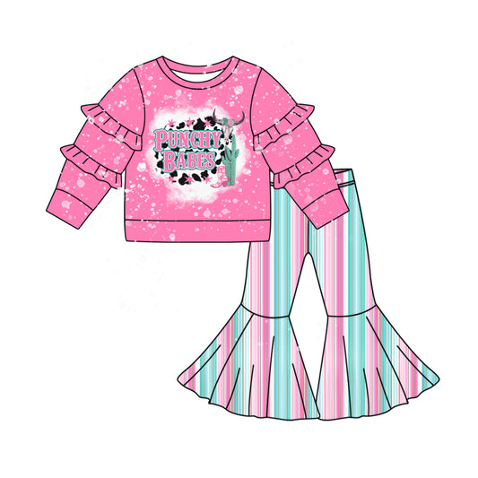 Preorder GLP2110 Western punchhy babes hot pink long sleeve rainbow striped pants girls set