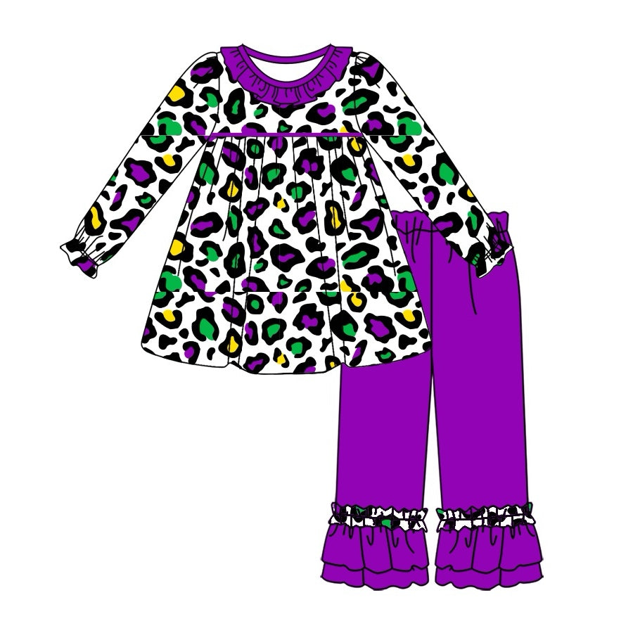 Preorder GLP2111 Mardi Gras purple green leopard long sleeve purple pants girls set