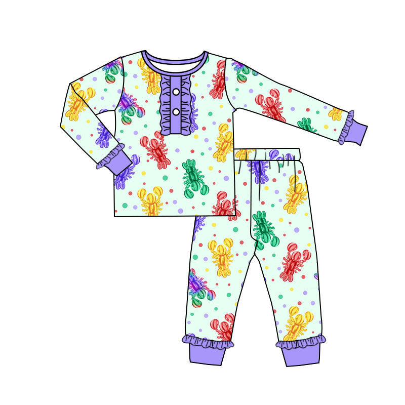 Preorder GLP2112 Mardi Gras colorful crayfish purple long sleeve pants girls pajamas