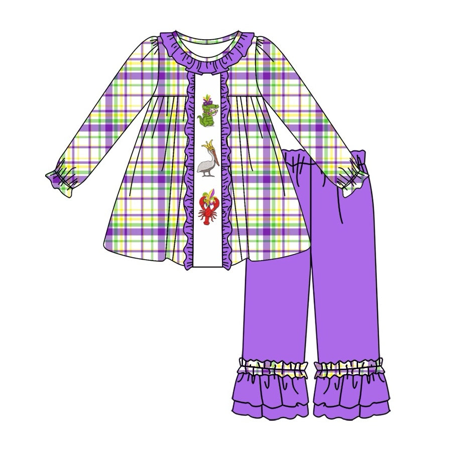 Preorder GLP2114 Mardi Gras cartoon crayfish cocrodile purple green checkered long sleeve purple pants girls set