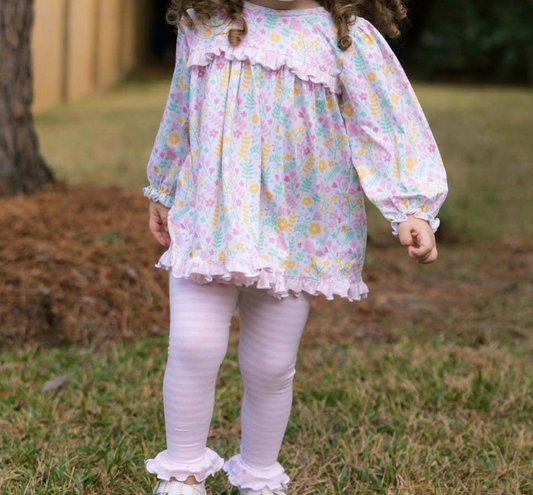 preorder GLP2119 colorful flowers pink long sleeve pink striped pants girls set