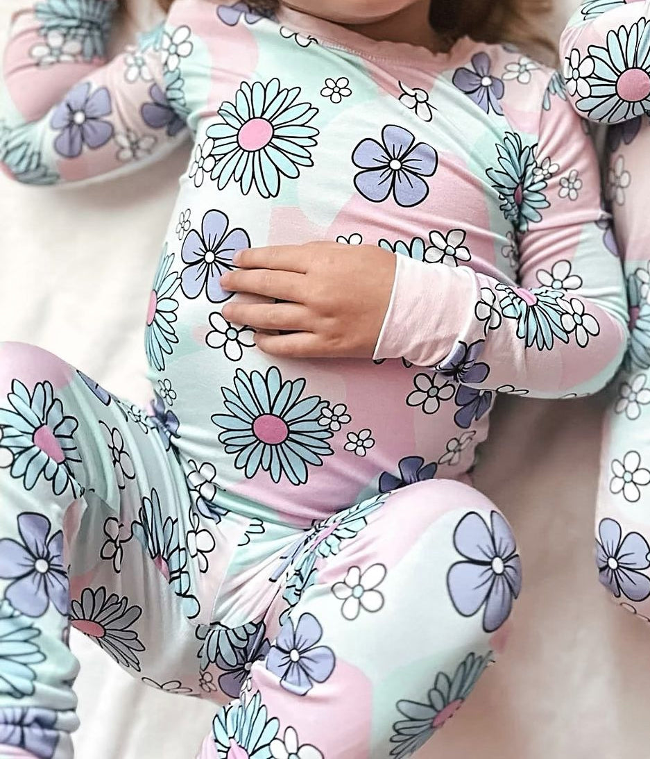 preorder GLP2120 colorful flowers pink blue long sleeve pants girls pajamas