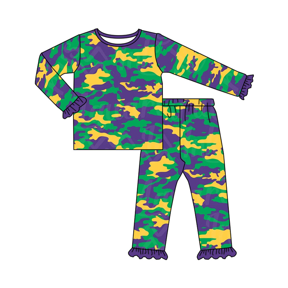 preorder GLP2122 Mardi Gras camo purple green yellow long sleeve pants girls pajamas