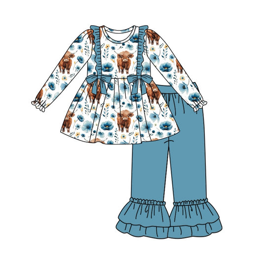 preorder GLP2123 Western highlandcow blue flowers long sleeve blue pants girls set