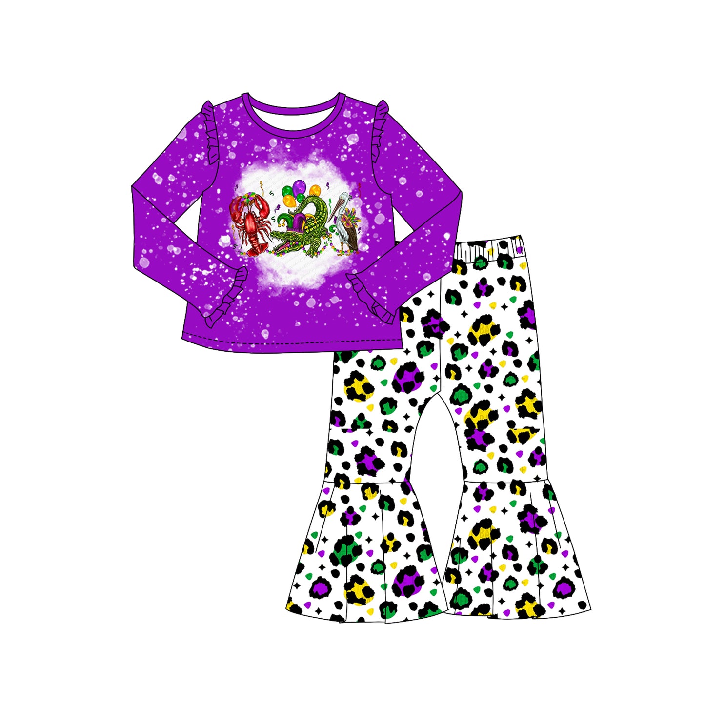 preorder GLP2124 Mardi Gras crayfish crocodile purple long sleeve leopard pants girls set