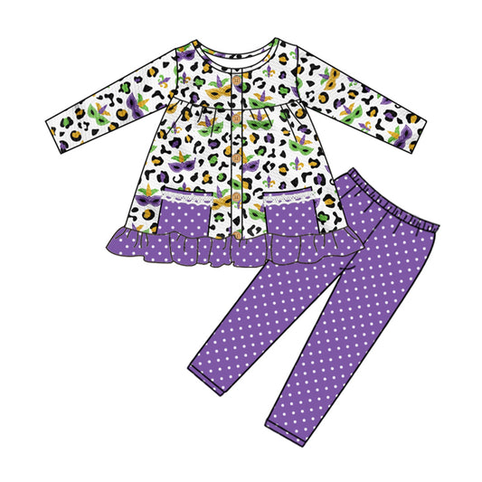 preorder GLP2125 Mardi Gras purple mask leopard pockets long sleeve purple dot pants girls set