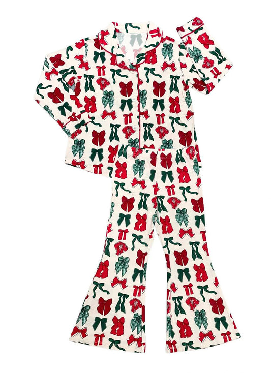 preorder GLP2128 Christmas green red bows long sleeve pants girls pajamas