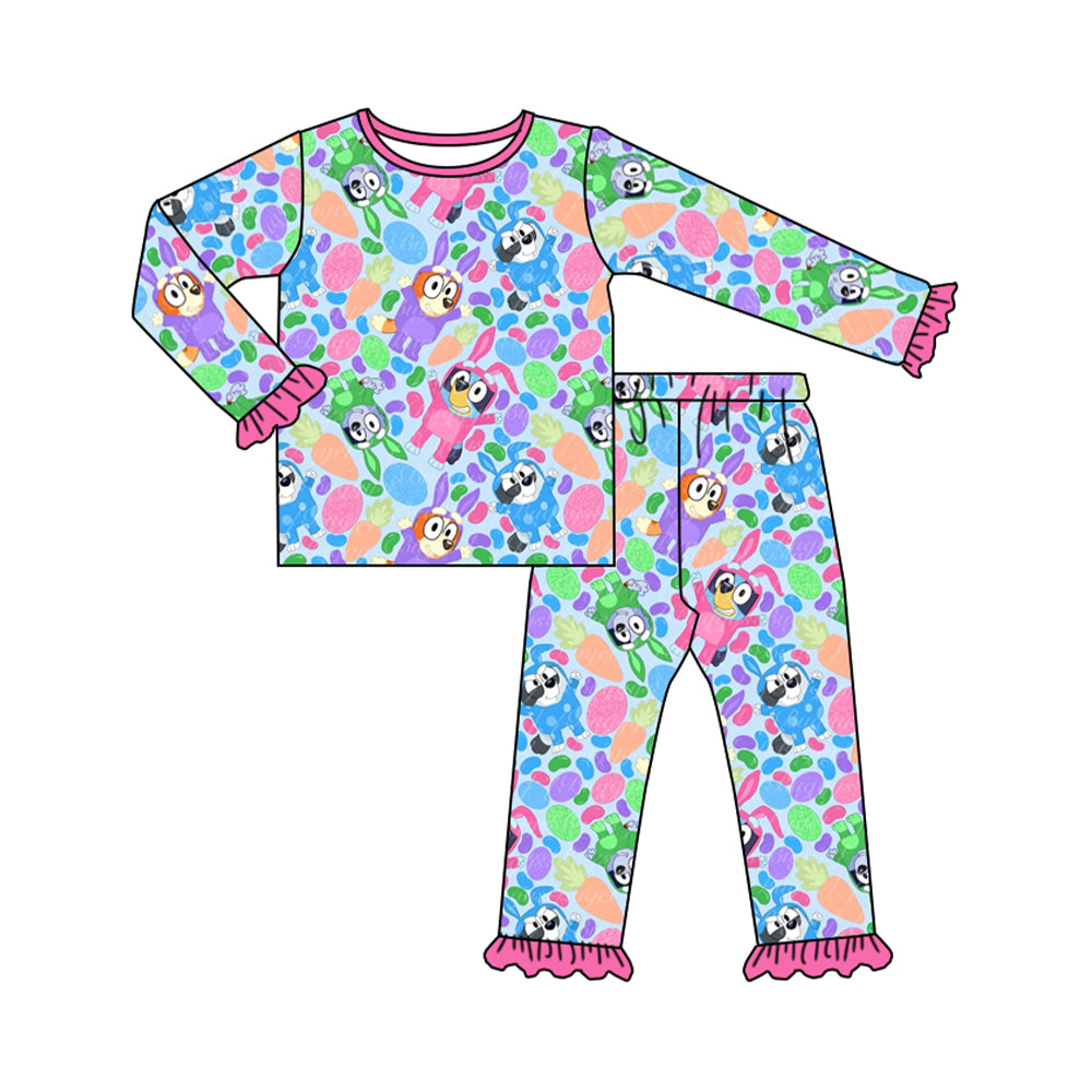 preorder GLP2132 Easter cartoon blue dog colorful carrot hot pink long sleeve pants girls pajamas