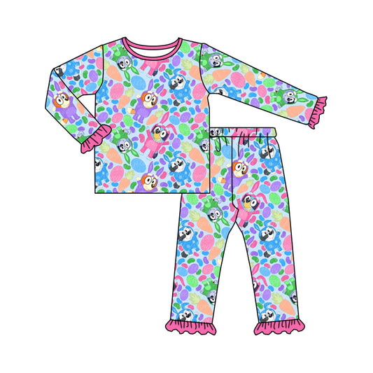 preorder GLP2132 Easter cartoon blue dog colorful carrot hot pink long sleeve pants girls pajamas