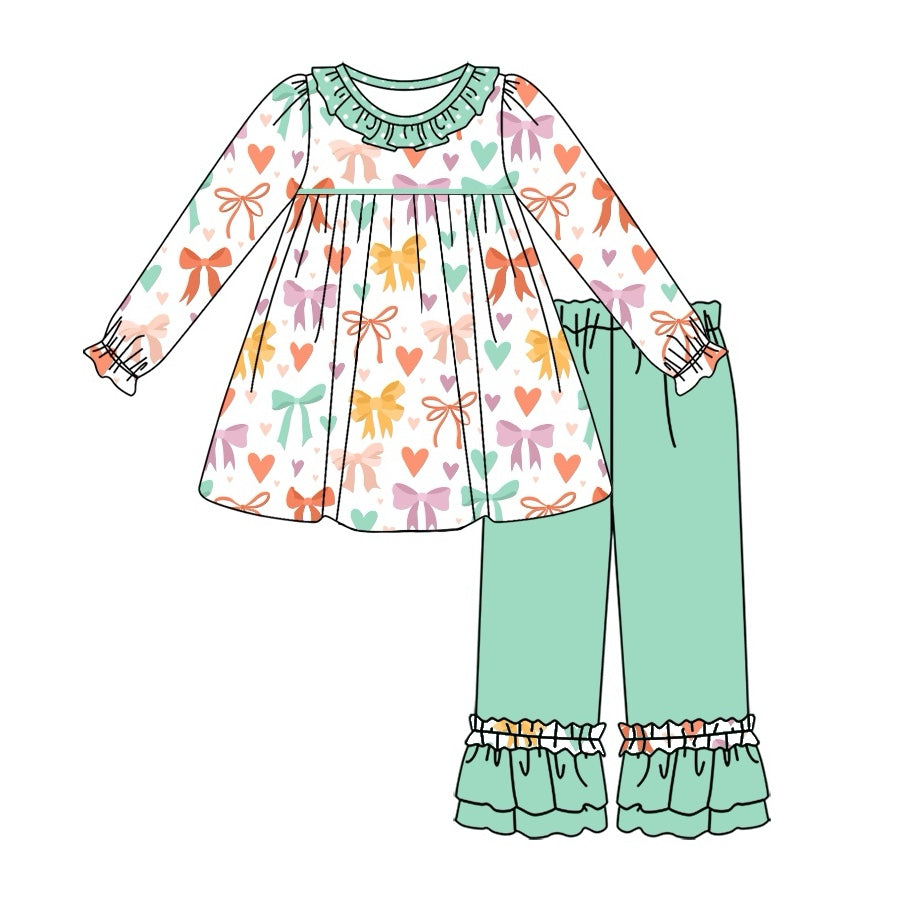 preorder GLP2134 colorful bows heart long sleeve green pants girls set