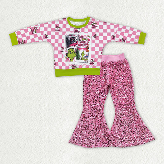 GLP2141 Christmas green face pink checkered long sleeve pink sequin pants girls set