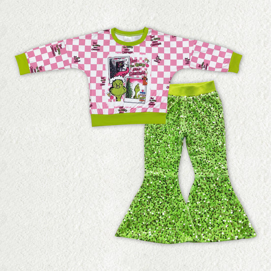 GLP2142 Christmas green face pink checkered long sleeve green sequin pants girls set