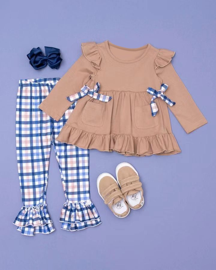 preorder GLP2146 khaki bows long sleeve blue checkered pants girls set