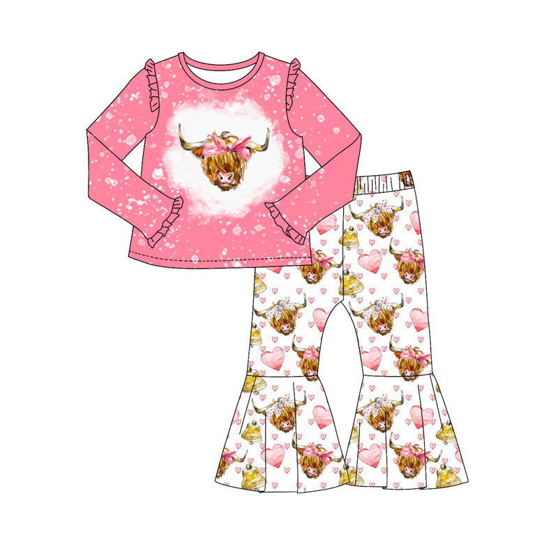 preorder GLP2168 Valentine's Day pink heart highlandcow long sleeve pants girls set