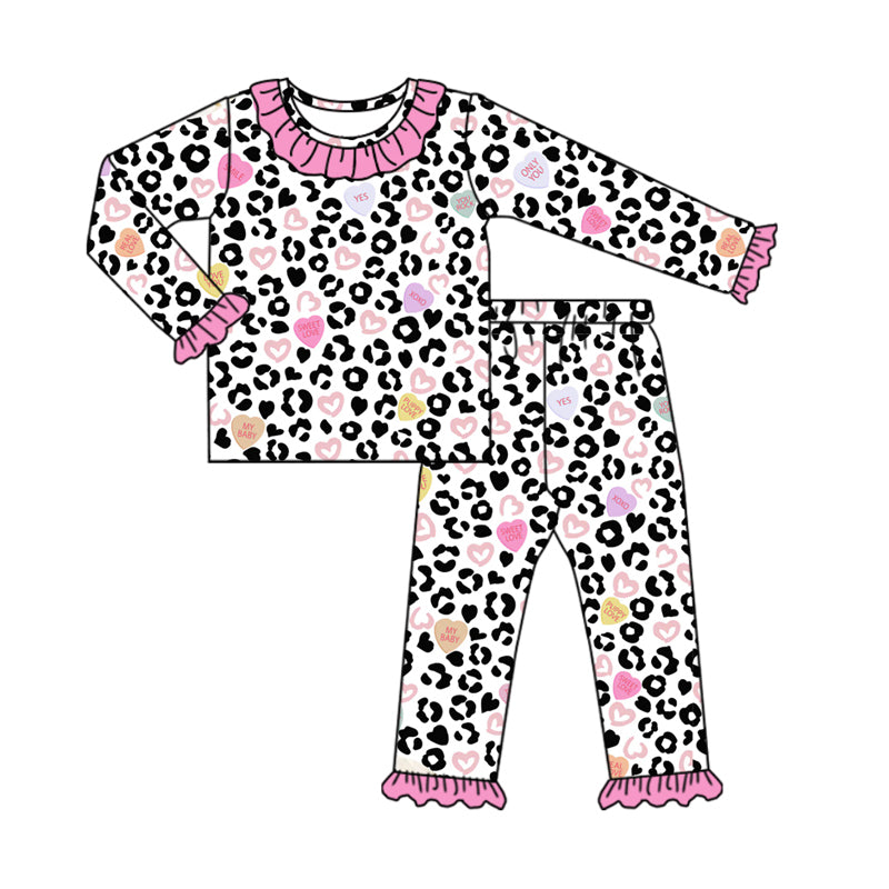 preorder GLP2169 Valentine's Day pink heart leopard long sleeve pants girls pajamas