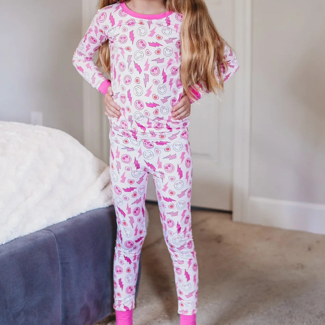 preorder GLP2179 Valentine's Day heart smile flash hot pink long sleeve pants girls pajamas