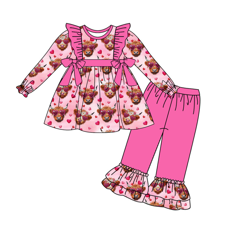 Preorder GLP2189 Valentine's Day heart highland cow pink long sleeve girls set