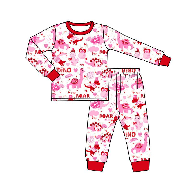 Preorder GLP2190 Valentine's Day DINO heart hot pink dinosaur long sleeve pants girls pajamas