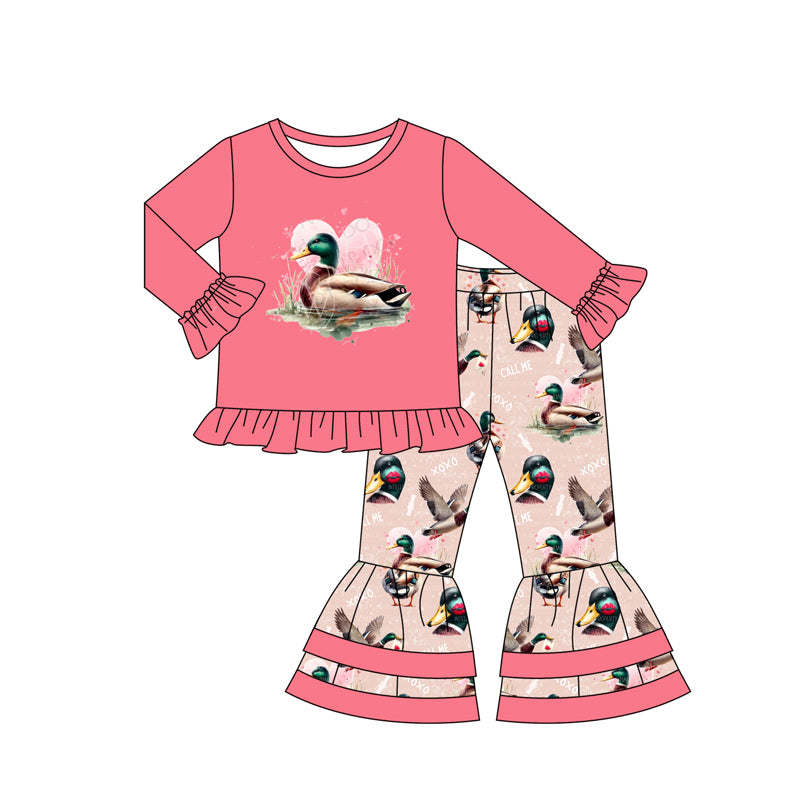 Preord GLP2196 Valentine's Day call me heart mallard duck pink long sleeve pants girls set