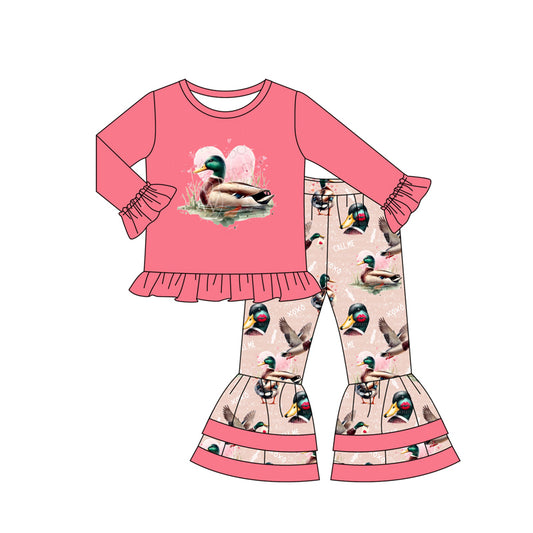 Preord GLP2196 Valentine's Day call me heart mallard duck pink long sleeve pants girls set