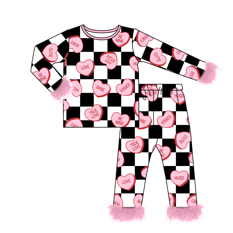 Preorder GLP2211 Valentine's Day LOVE heart black checkered long sleeve pants girls fur pajamas