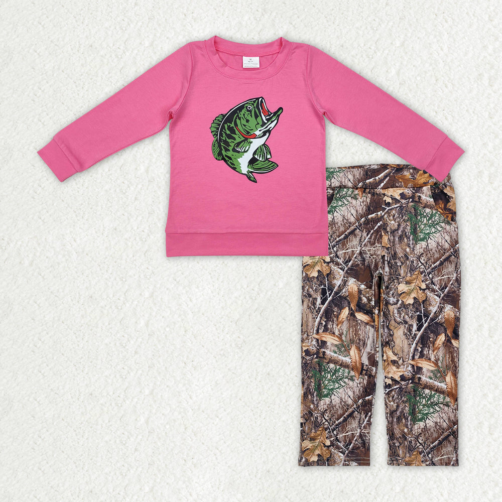 GLP2213 Fishing Hot Pink Long Sleeve Hunting Branch Camo Pants Girls Set