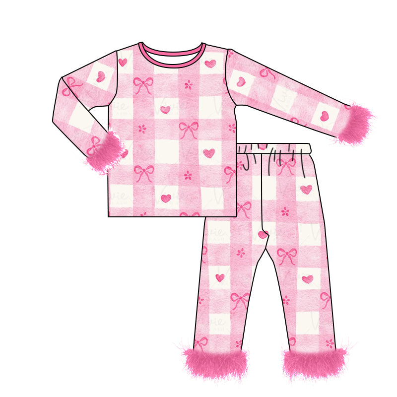 preorder GLP2214 Valentine's Day heart bows hot pink checkered long sleeve pants girls fur pajamas