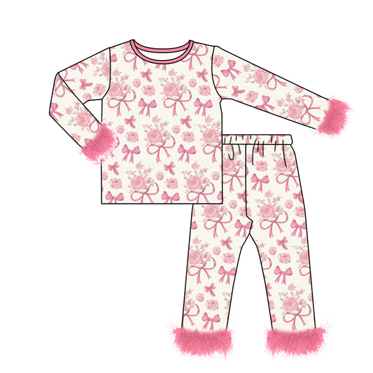 preorder GLP2215 Valentine's Day flowers bows pink long sleeve pants girls fur pajamas