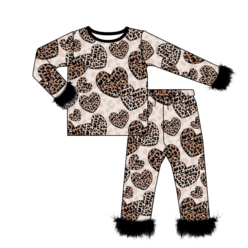 preorder GLP2216 Valentine's Day leopard heart long sleeve pants girls fur pajamas