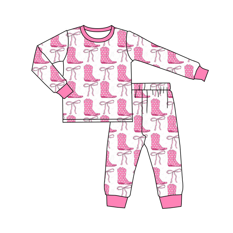 Preorder GLP2251 Western boot bows hot pink long sleeve pants girls pajamas