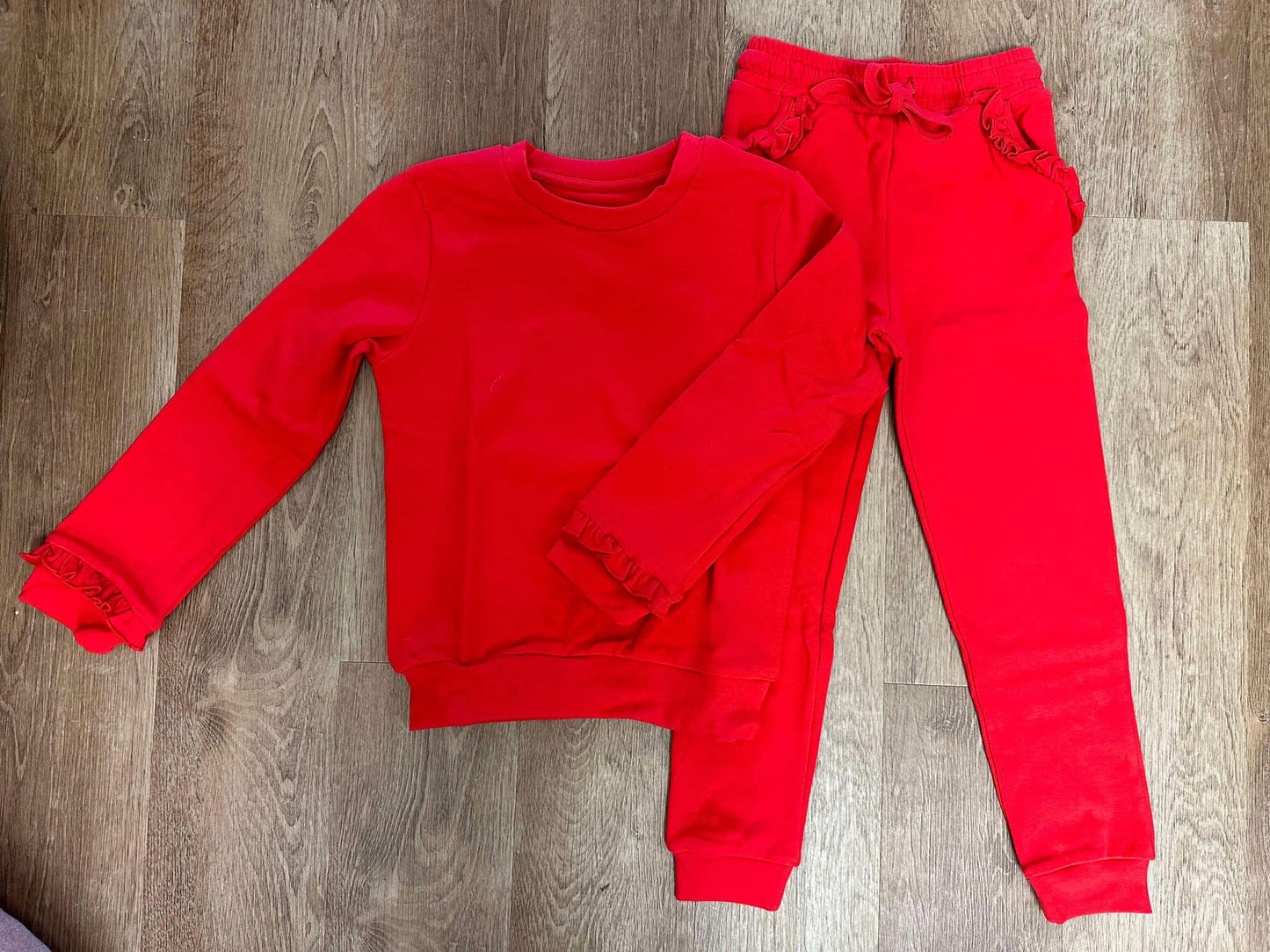 Preorder GLP2257 red long sleeve ruffles pockets pants girls set