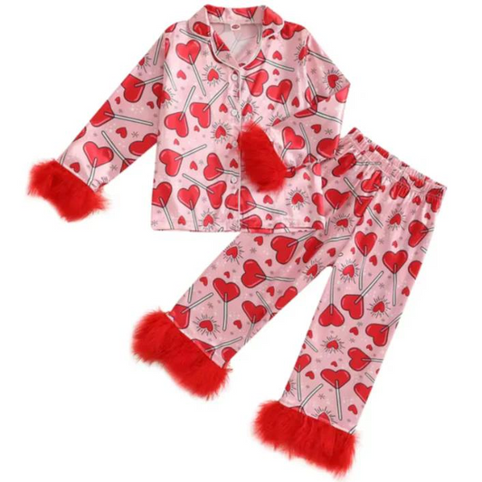 preorder GLP2266 Valentine's Day red heart long sleeve pants fur girls pajamas