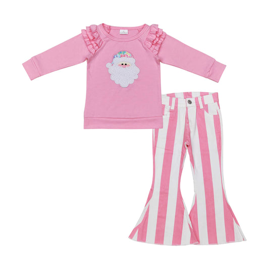 GLP2288 Christmas Santa Pink Long Sleeve Pink Striped Jeans Girls Set