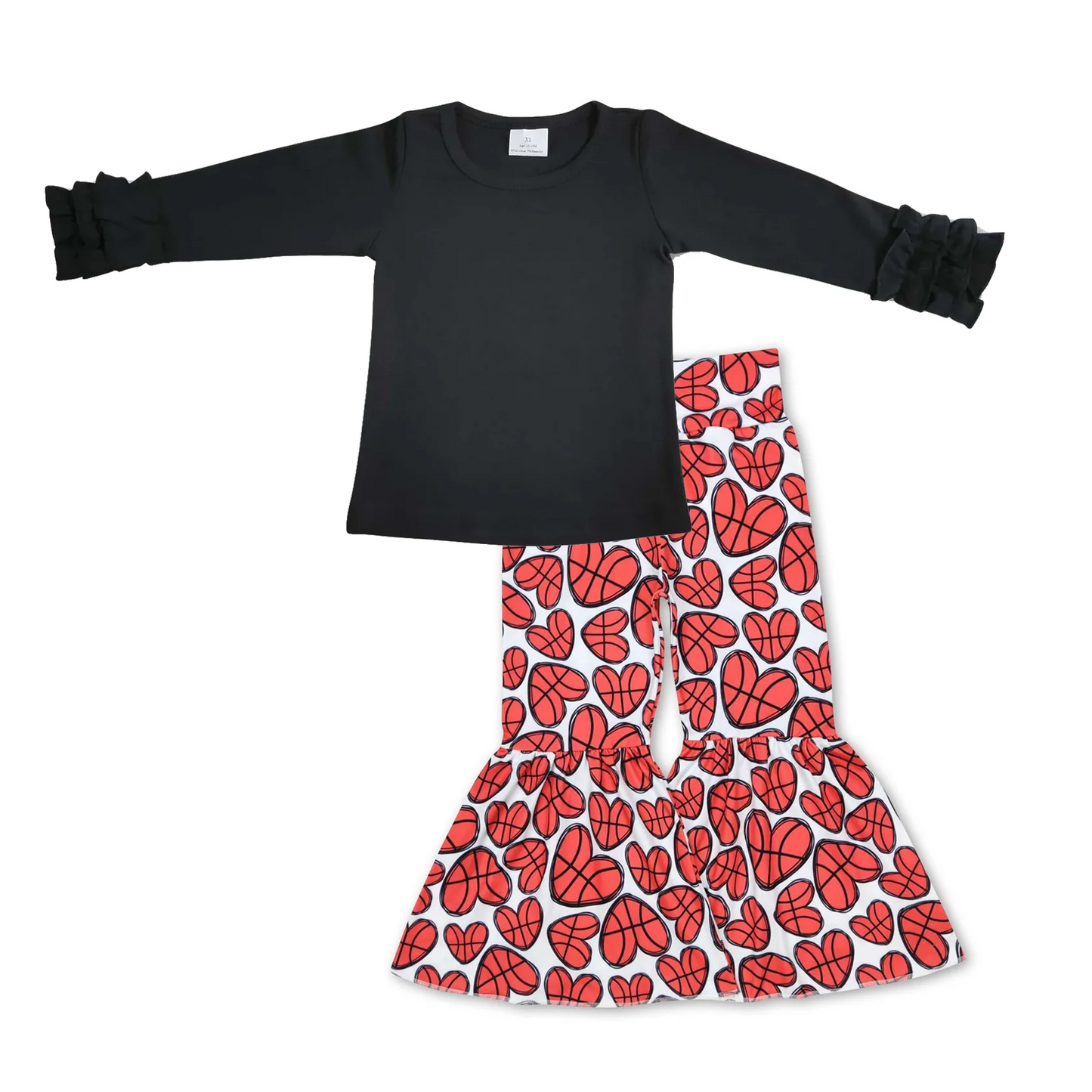 GLP2290 Black Ruffles Long Sleeve Heart Baskball Pants Girls Set