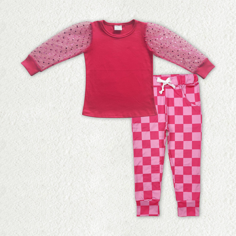 GLP2317 hot pink lace long sleeve checkered pants girls set
