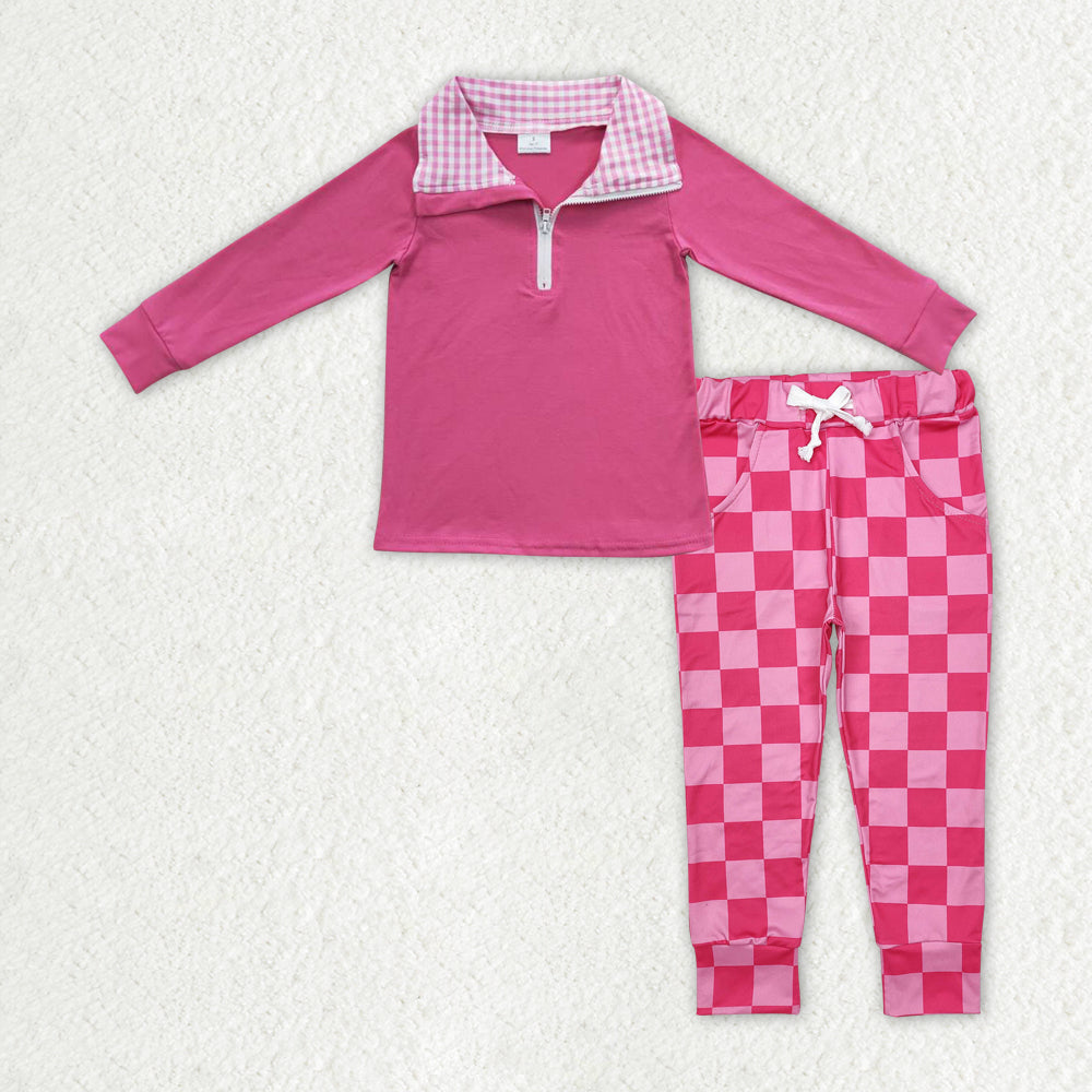 GLP2318 hot pink zipper long sleeve checkered pants girls set