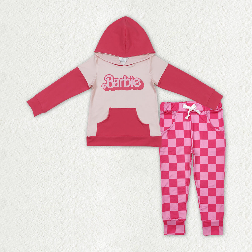 GLP2319 cartoon BA pocket hoodie long sleeve checkered pants girls set