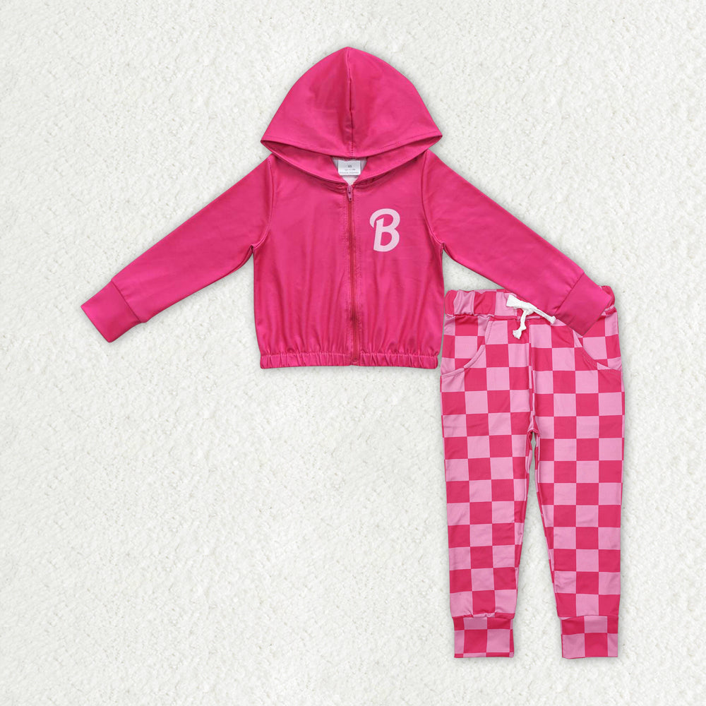 GLP2320 cartoon BA hoodie coat hot pink checkered pants girls set