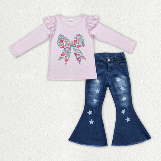 GLP2321 flowers bows pink long sleeve star blue jeans girls set